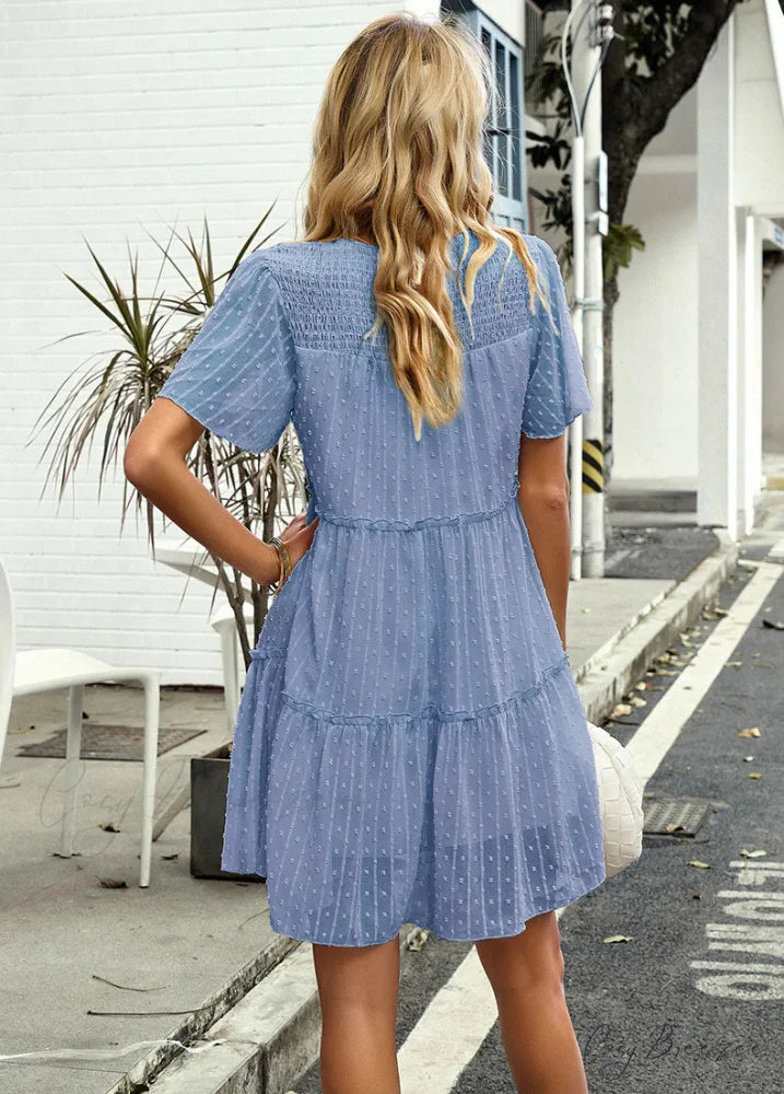 Solid Color Short Sleeve A-Line Dress M / pink