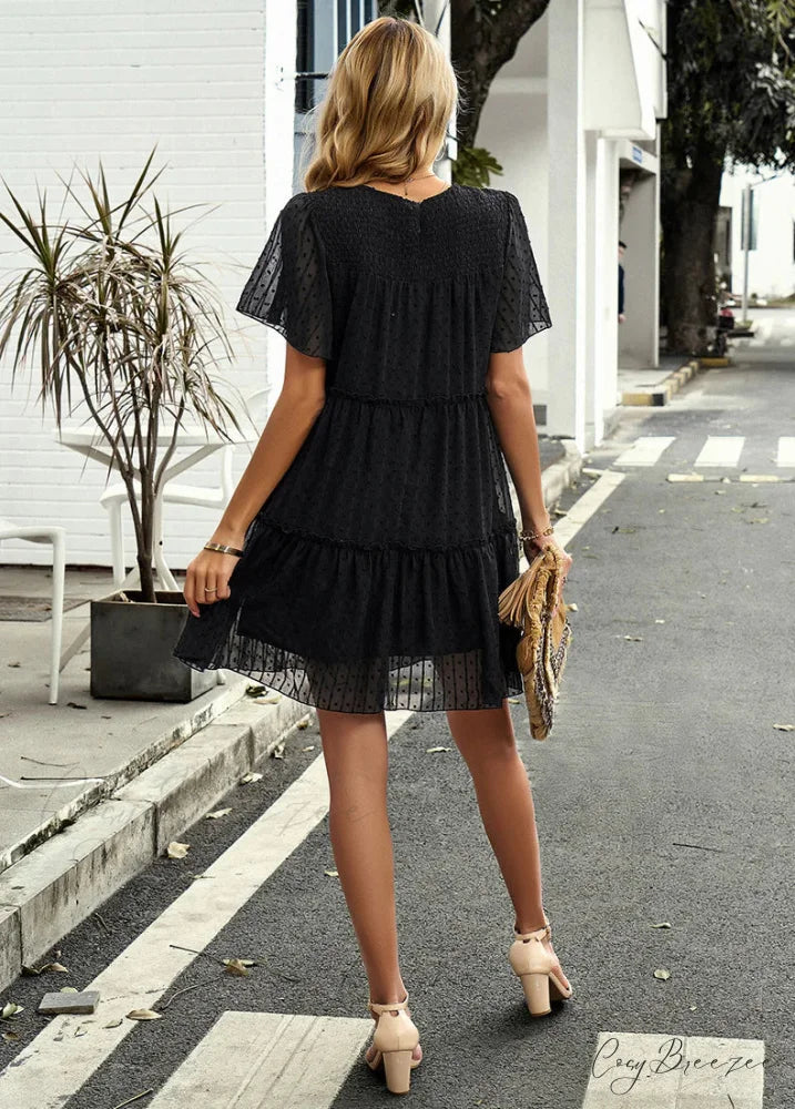 Solid Color Short Sleeve A-Line Dress S / blue
