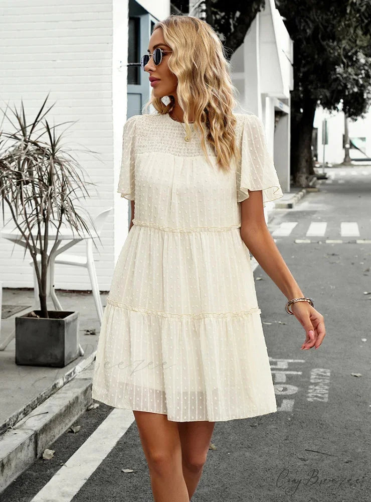 Solid Color Short Sleeve A-Line Dress S / pink