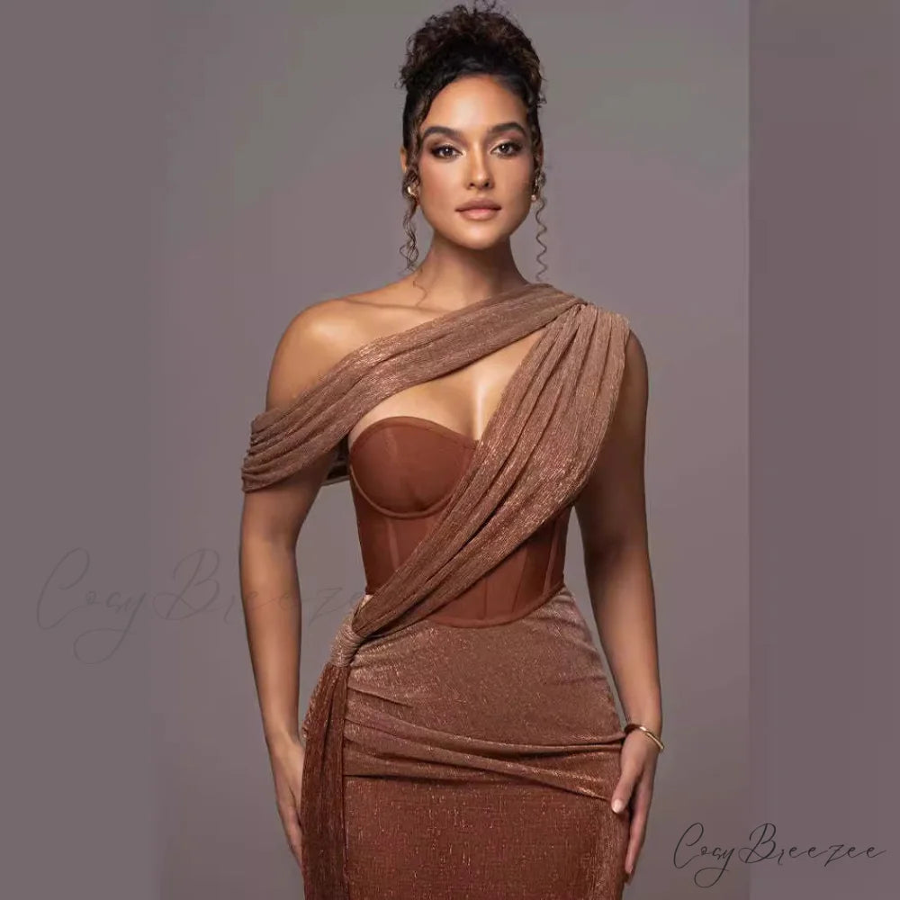 Solid Color Sleeveless Strapless Slit Prom Dress brown / XS promdress-250223