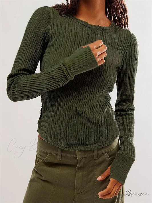 Solid Color Slim Fit Ruched Long Sleeve Basic T-Shirts GREEN / S