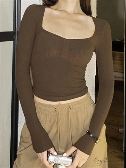 Solid Color Square Neck Ruched Crop Tops T-Shirts BROWN / S