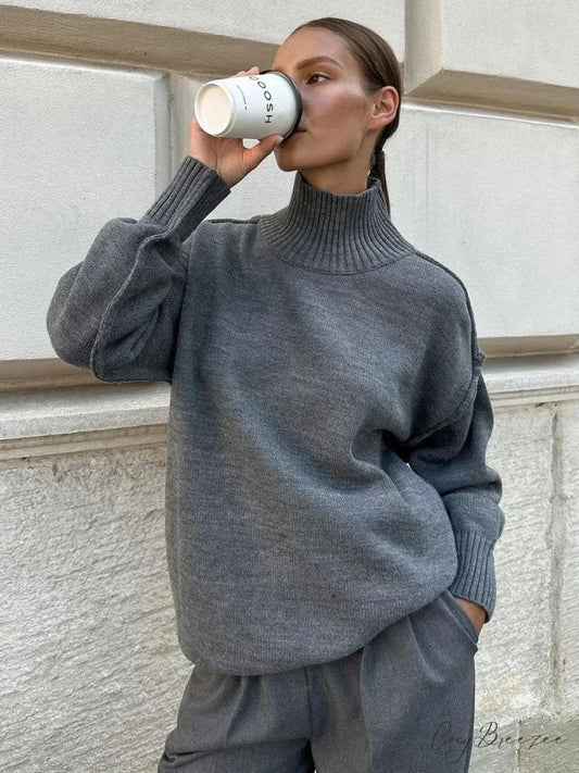 Solid Color Turtleneck Thick Loose Sweater Dark Gray / S swraters-241228