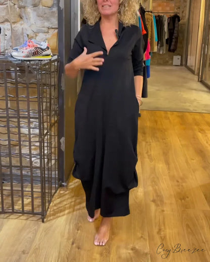 Solid Color V-Neck A-Line Dress