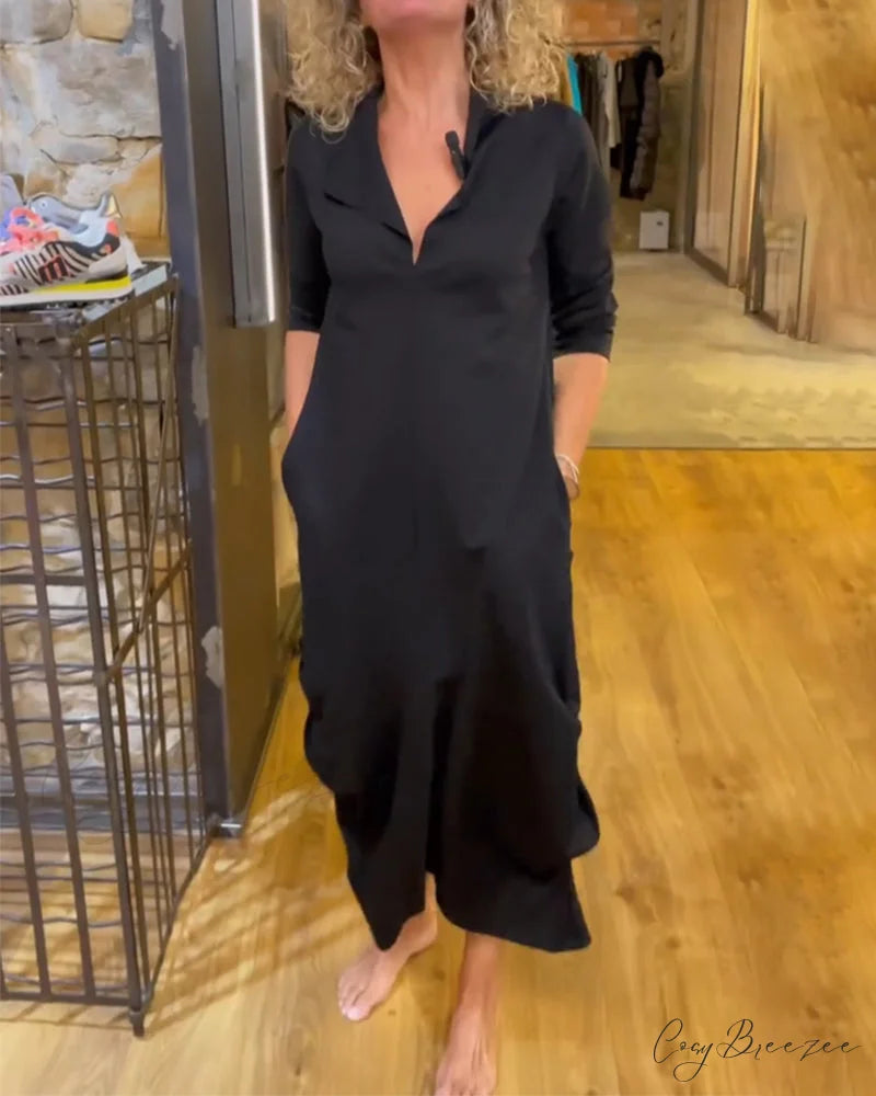 Solid Color V-Neck A-Line Dress