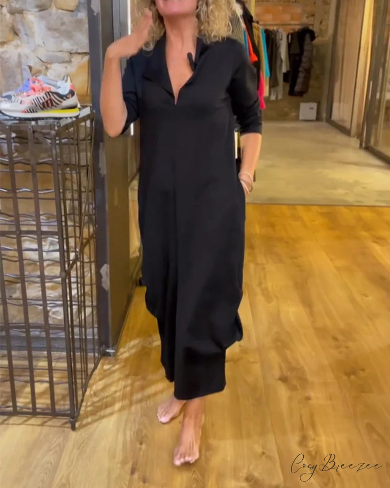 Solid Color V-Neck A-Line Dress