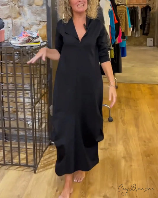 Solid Color V-Neck A-Line Dress Black / S