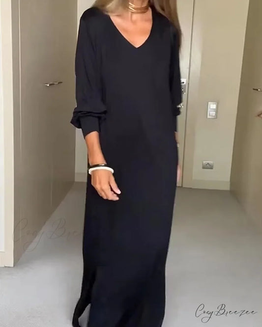 Solid color v-neck dress for casual wear Black / S