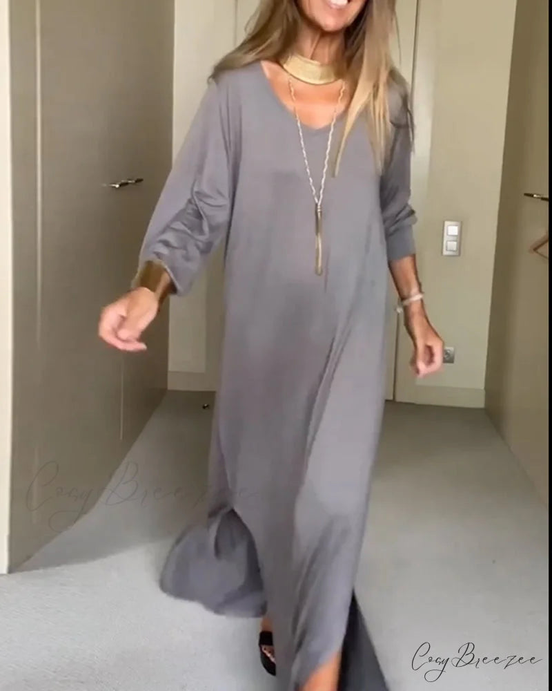 Solid color v-neck dress for casual wear Gray / S
