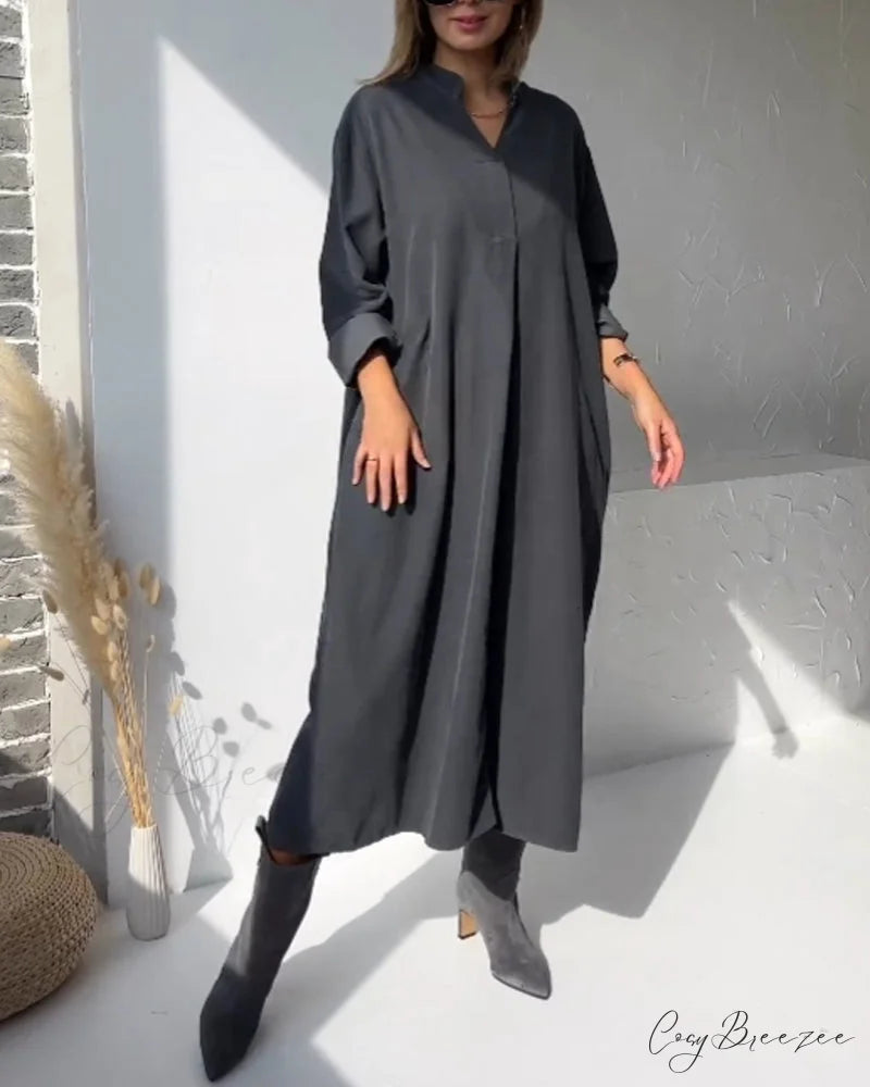 Solid color V-neck dress with pocket Black / S