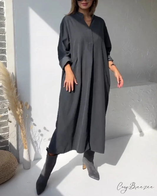 Solid color V-neck dress with pocket Black / S