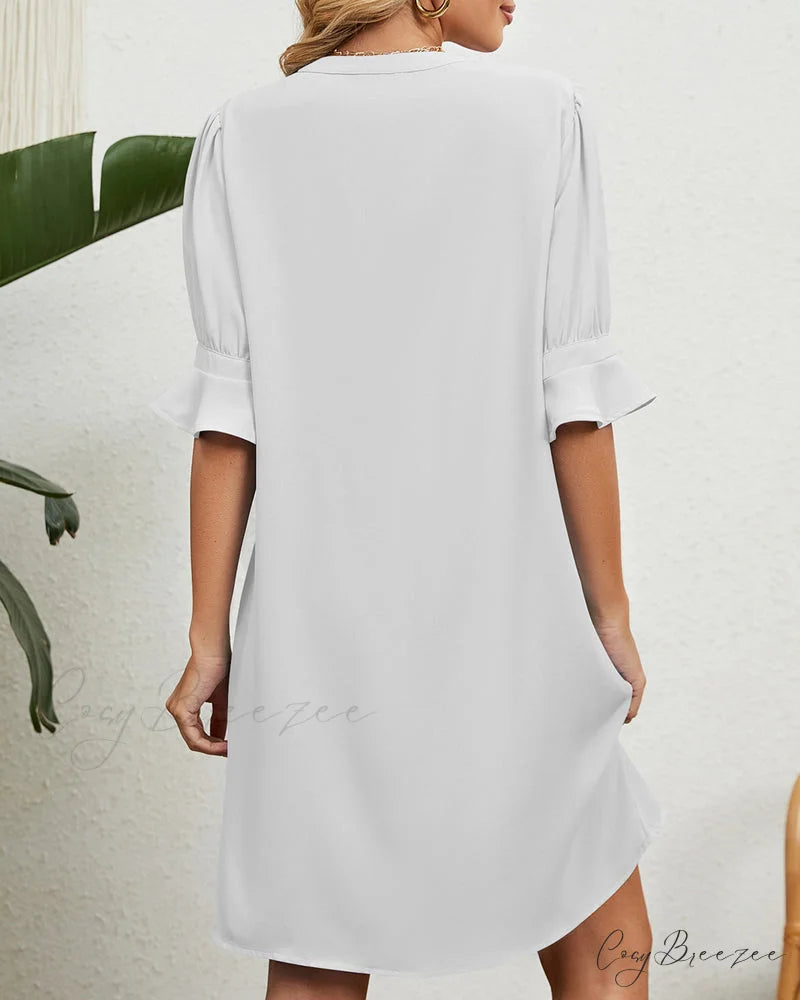 Solid Color V Neck Gathered Half Sleeve Dress