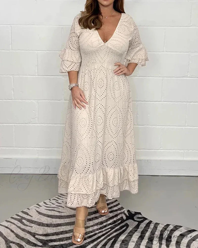 Solid Color V Neck High Waist Dress Beige / S