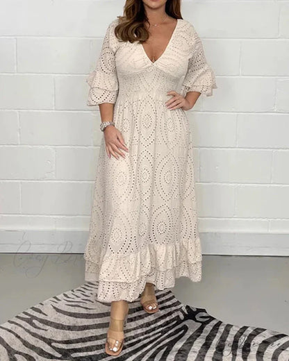 Solid Color V Neck High Waist Dress Beige / S