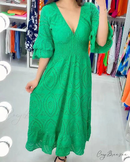 Solid Color V Neck High Waist Dress Green / S