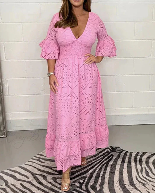 Solid Color V Neck High Waist Dress Pink / S