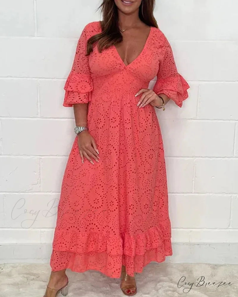 Solid Color V Neck High Waist Dress Red / S