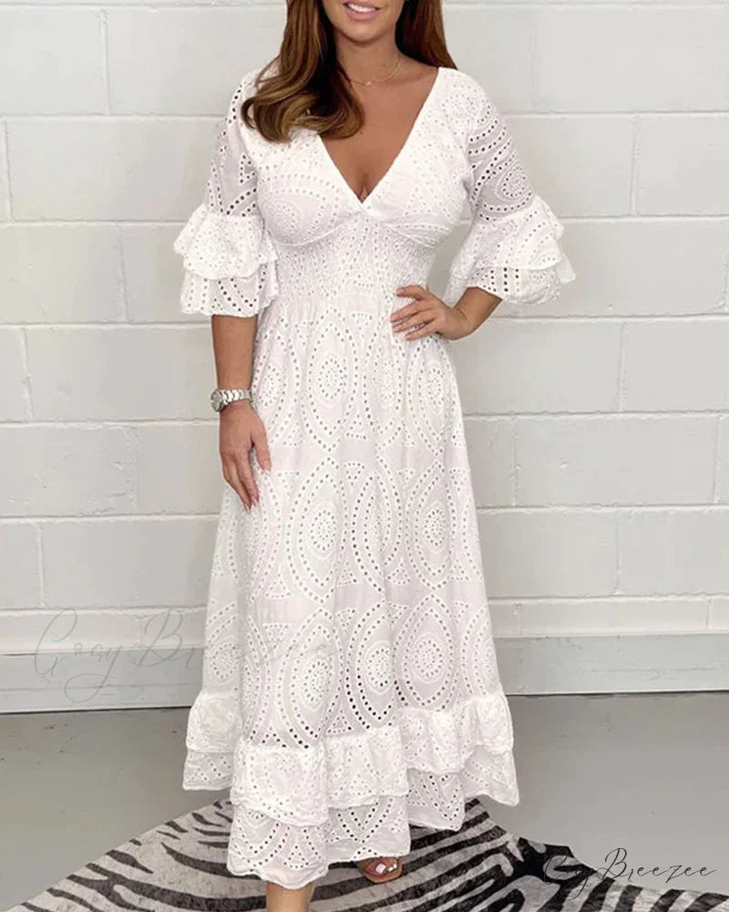 Solid Color V Neck High Waist Dress White / S