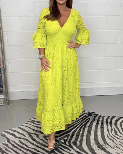 Solid Color V Neck High Waist Dress Yellow / S