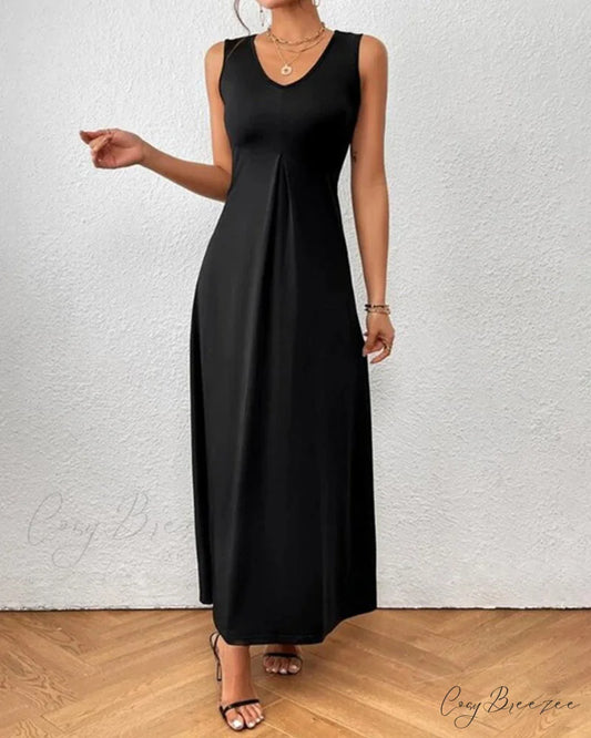 Solid color V-neck maxi dress Black / S
