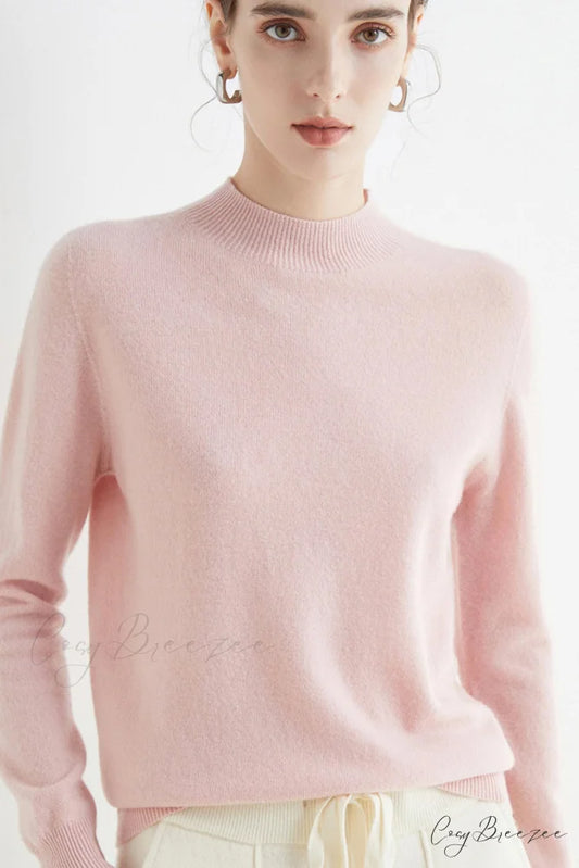 Solid Color Wool Sweater with Mock Neck Pink / S