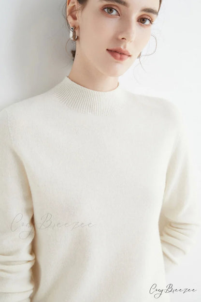 Solid Color Wool Sweater with Mock Neck White / S