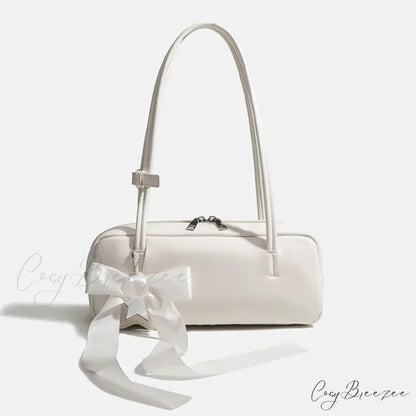 Solid Color Zipper Shoulder Bag White with bow shoulder-250126