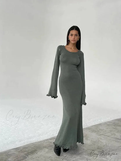 Solid Cotton Maxi Dress Green / S