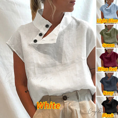Solid Cotton Size Loose Blouses Stylish Plus Women Blusas Linen Arm Brief Tops Casual Tunic Warm-Season Femme