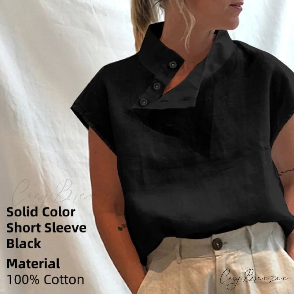 Solid Cotton Size Loose Blouses Stylish Plus Women Blusas Linen Arm Brief Tops Casual Tunic Warm-Season Femme Black / S