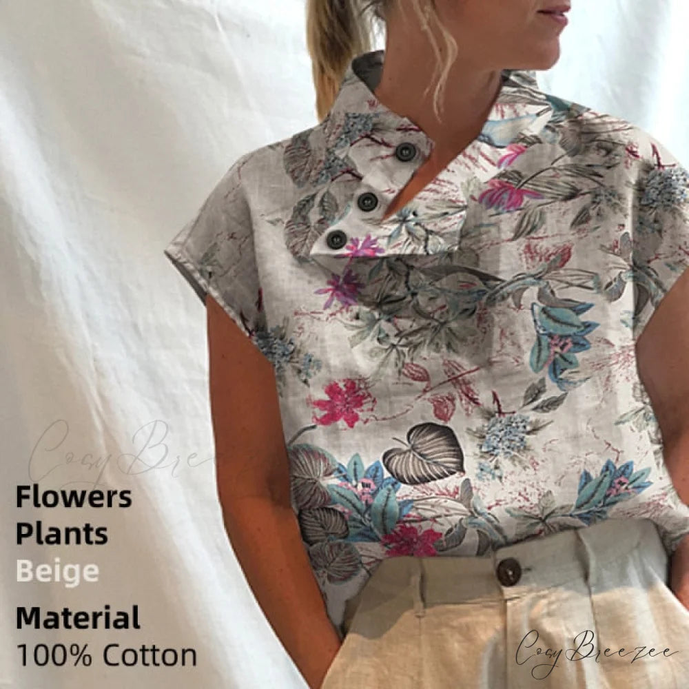 Solid Cotton Size Loose Blouses Stylish Plus Women Blusas Linen Arm Brief Tops Casual Tunic Warm-Season Femme Flower