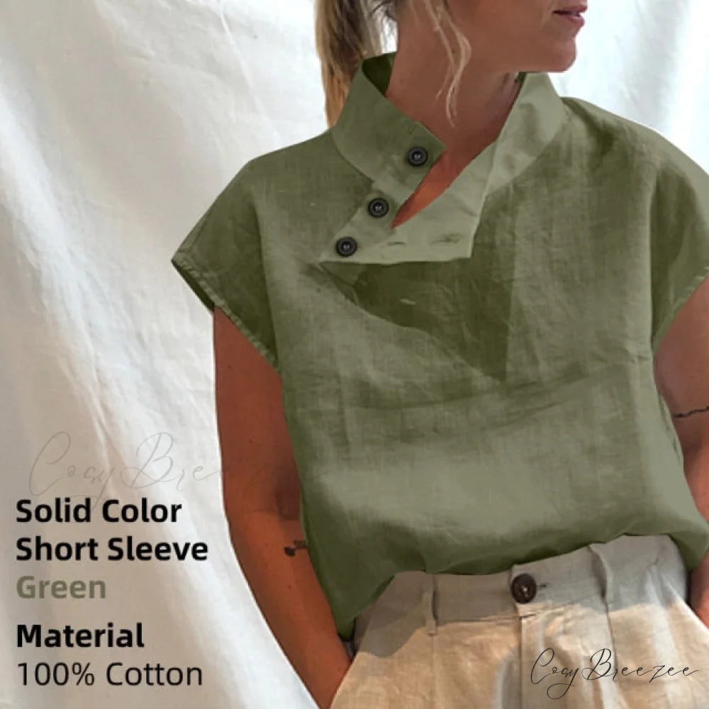 Solid Cotton Size Loose Blouses Stylish Plus Women Blusas Linen Arm Brief Tops Casual Tunic Warm-Season Femme Green / S