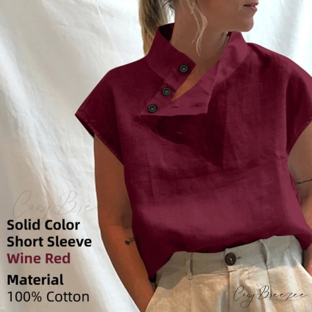 Solid Cotton Size Loose Blouses Stylish Plus Women Blusas Linen Arm Brief Tops Casual Tunic Warm-Season Femme Wine Red