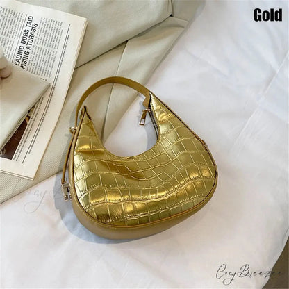 Solid Crocodile Print Large Capacity Shoulder Handbag Gold handbag-250126