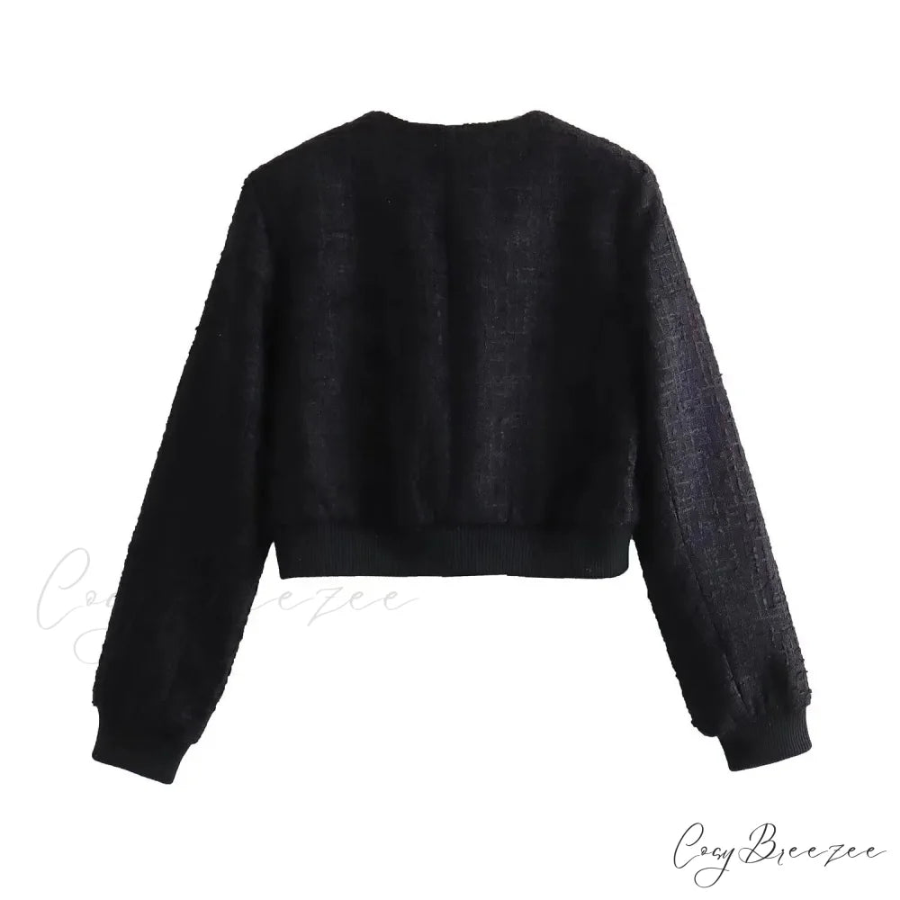 Solid Cropped Tweed Buttoned Round Neck Long Sleeve Short Autumn Stylish Chic Coat Black / XS