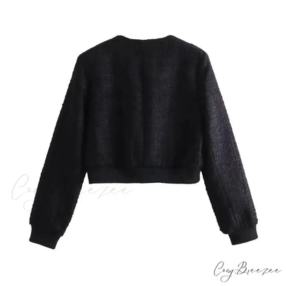 Solid Cropped Tweed Buttoned Round Neck Long Sleeve Short Autumn Stylish Chic Coat Black / XS