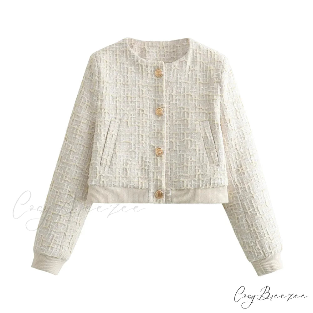 Solid Cropped Tweed Buttoned Round Neck Long Sleeve Short Autumn Stylish Chic Coat White / XS