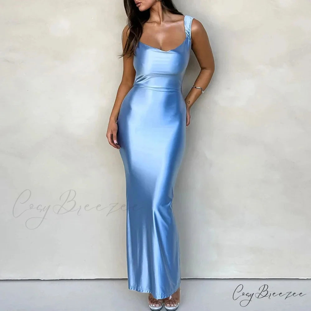 Solid Cut-Out Open-Back Satin Holiday Dress blue / S vacationdress-250223