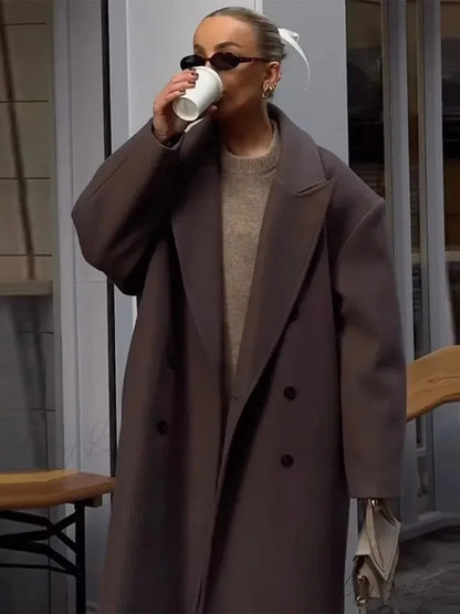 Solid Double-Breasted Turn-Down Coat overcoats-241228