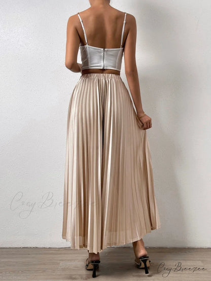 Solid Elastic Waist Pleated Skirt