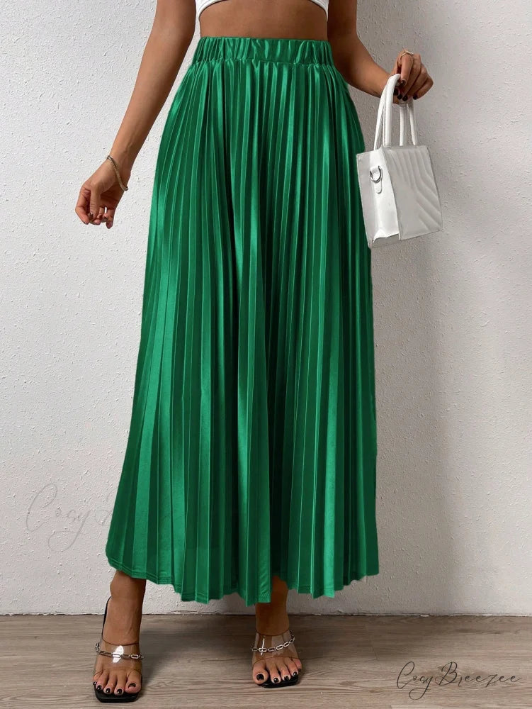Solid Elastic Waist Pleated Skirt Dark Green / XS