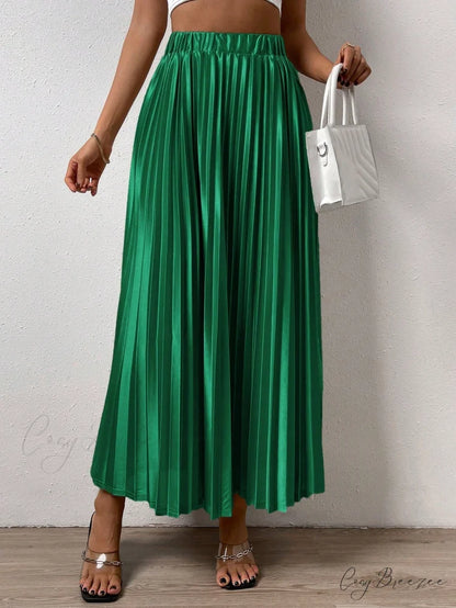 Solid Elastic Waist Pleated Skirt Dark Green / XS