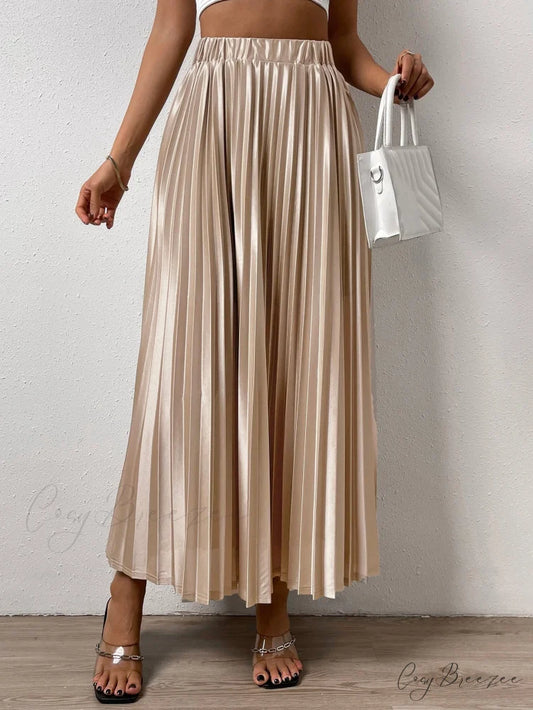 Solid Elastic Waist Pleated Skirt Khaki / XS