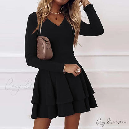 Solid Elegant Women’s - Ruffle Fashion Gown - V-neck Long Arm A-Line Party Color Dress