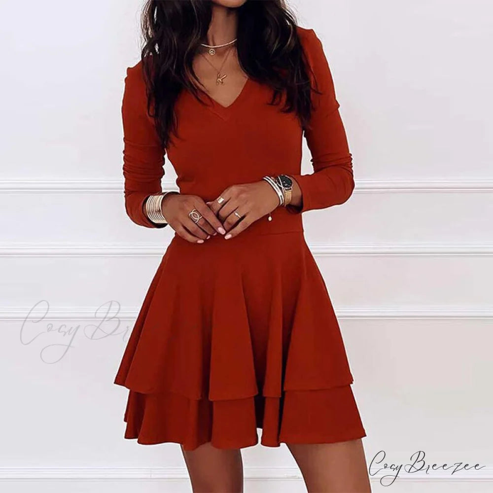 Solid Elegant Women’s - Ruffle Fashion Gown - V-neck Long Arm A-Line Party Color Dress Red / S