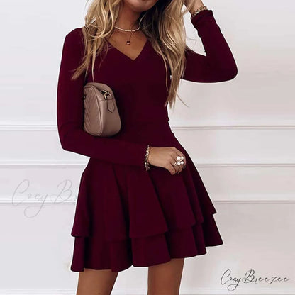 Solid Elegant Women’s - Ruffle Fashion Gown - V-neck Long Arm A-Line Party Color Dress Wine Red / S