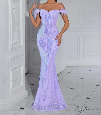 Solid Faux Feather Off-Shoulder Party Dress