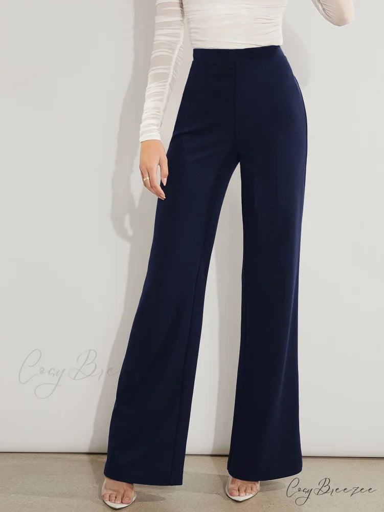 Solid High Waist Wide Leg Pants Navy Blue / XS