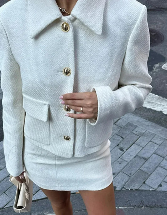 Solid Jacket Cropped Mini Skirt Office Set white tops / S officetwopieceset-250223
