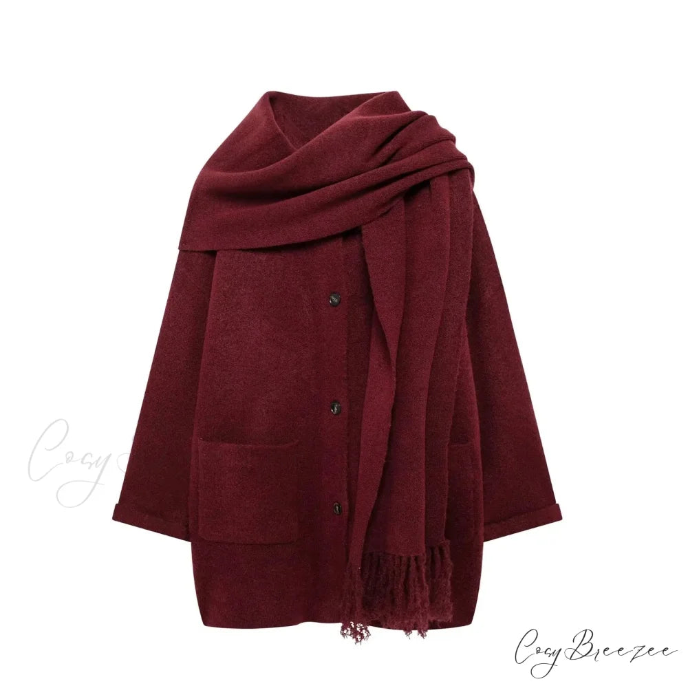 Solid Knitted Single Breasted Coat burgundy red / S